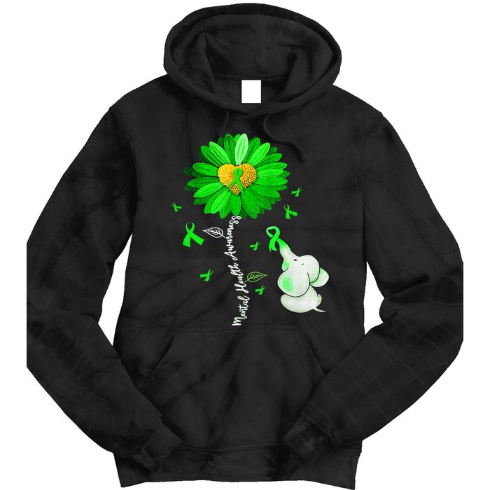 Mental Health Awareness Green Sunflower Ribbon Elephant Tie Dye Hoodie