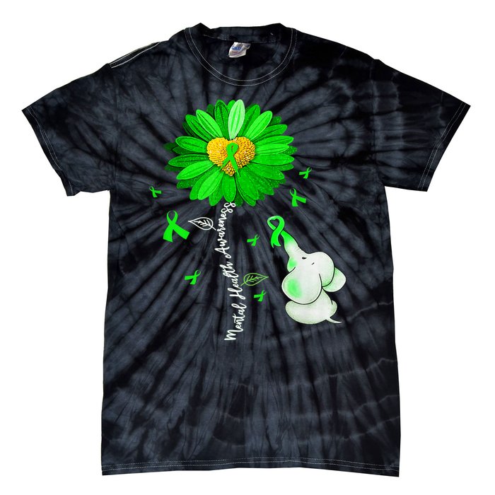 Mental Health Awareness Green Sunflower Ribbon Elephant Tie-Dye T-Shirt