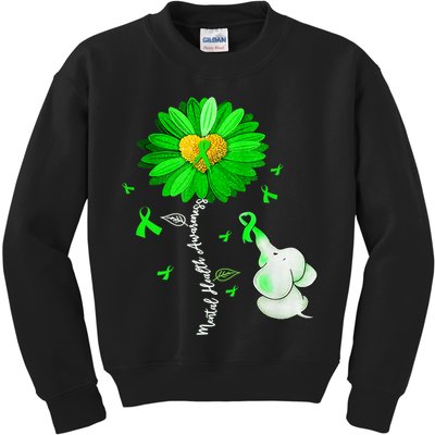 Mental Health Awareness Green Sunflower Ribbon Elephant Kids Sweatshirt