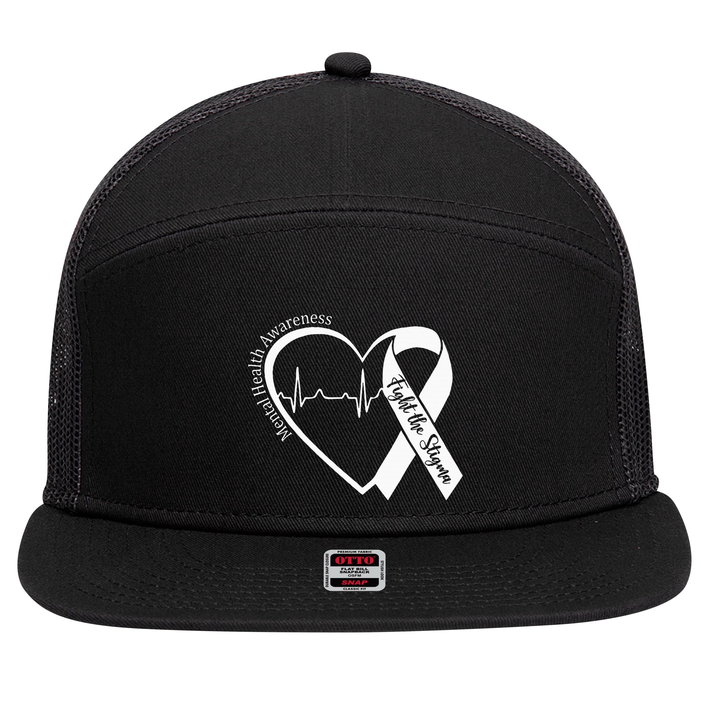 Mental Health Awareness Heart Fight The Stigma Green Ribbon 7 Panel Mesh Trucker Snapback Hat