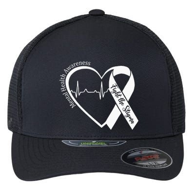 Mental Health Awareness Heart Fight The Stigma Green Ribbon Flexfit Unipanel Trucker Cap