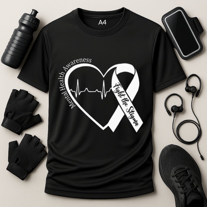 Mental Health Awareness Heart Fight The Stigma Green Ribbon Cooling Performance Crew T-Shirt
