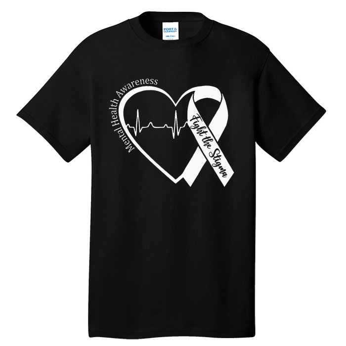 Mental Health Awareness Heart Fight The Stigma Green Ribbon Tall T-Shirt