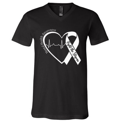 Mental Health Awareness Heart Fight The Stigma Green Ribbon V-Neck T-Shirt