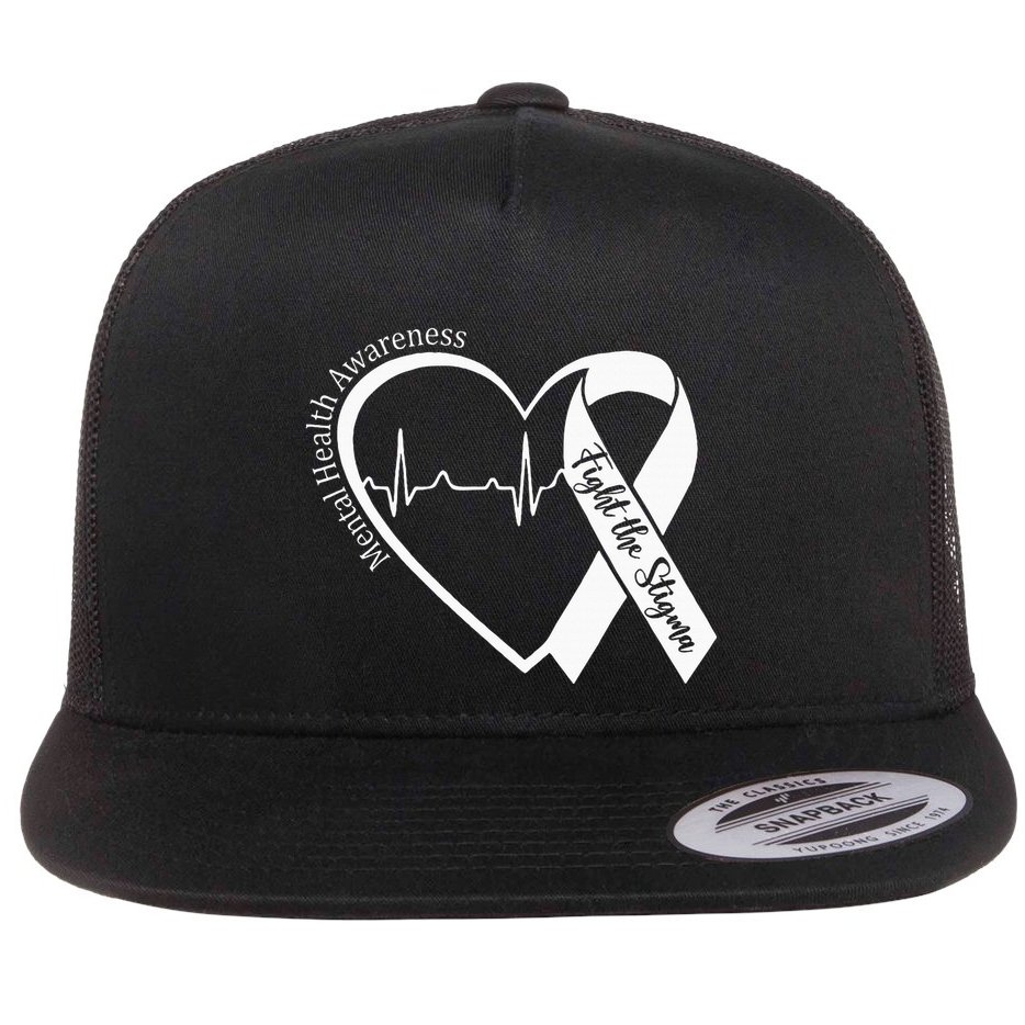 Mental Health Awareness Heart Fight The Stigma Green Ribbon Flat Bill Trucker Hat