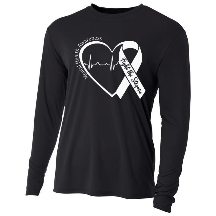 Mental Health Awareness Heart Fight The Stigma Green Ribbon Cooling Performance Long Sleeve Crew