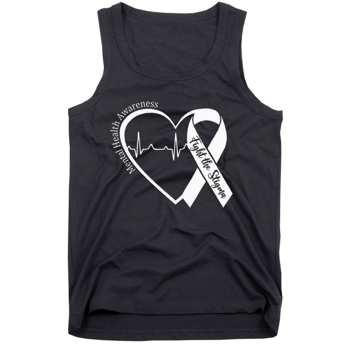 Mental Health Awareness Heart Fight The Stigma Green Ribbon Tank Top