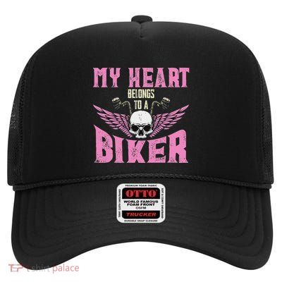 My Heart Belongs To A Biker Motorcycle Motorbike High Crown Mesh Back Trucker Hat