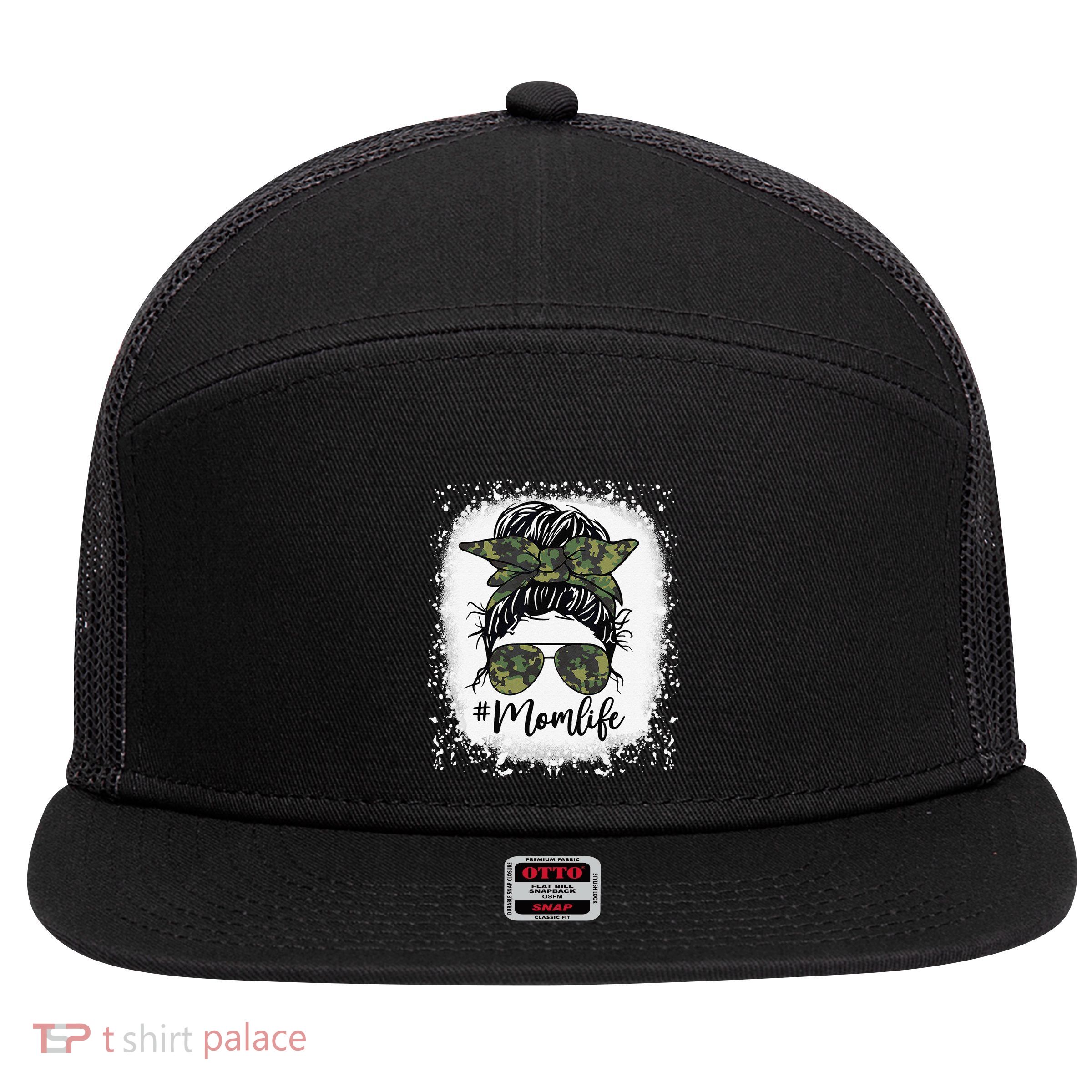 Messy Hair Bun Mom Life Camouflage Mother's Day 7 Panel Mesh Trucker Snapback Hat
