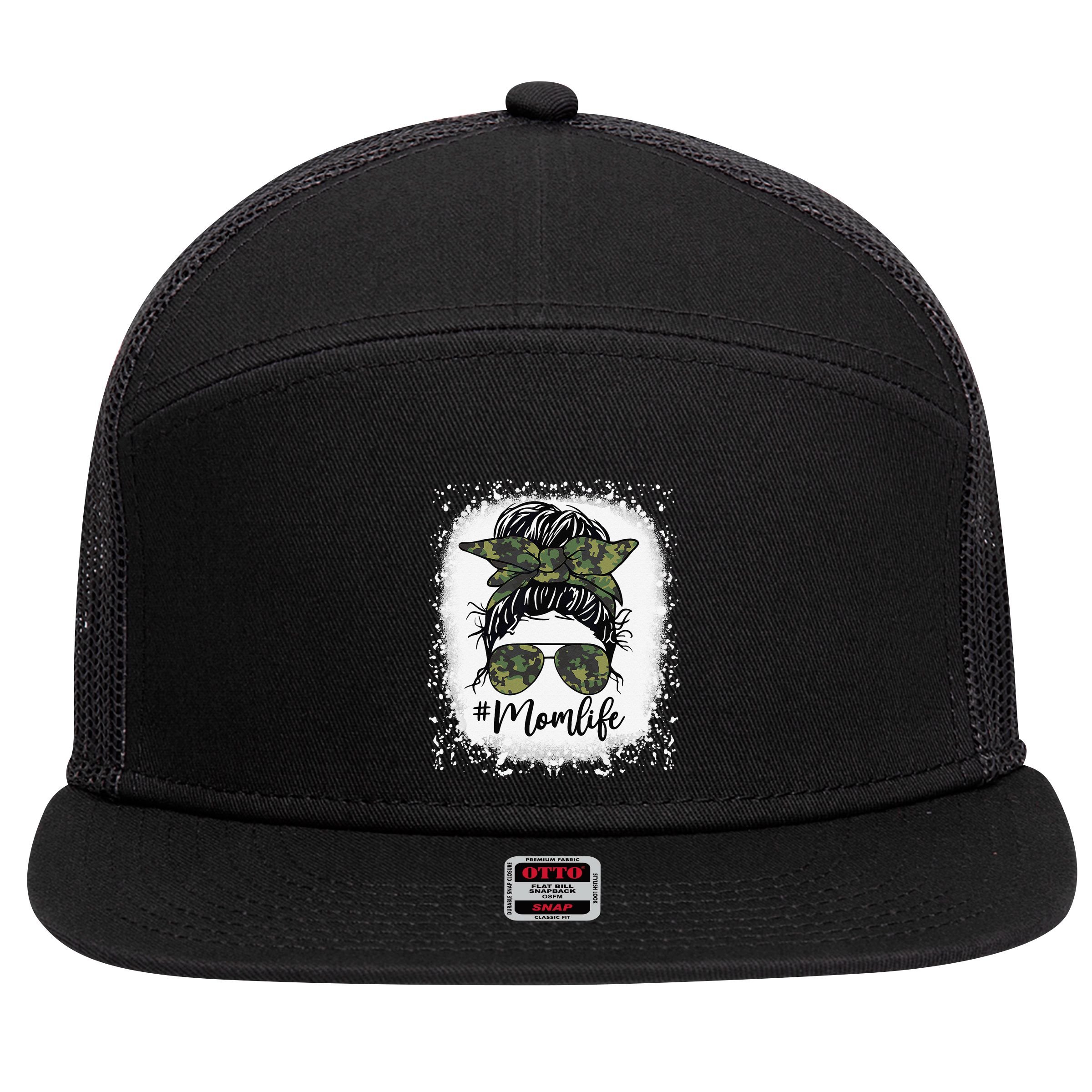 Messy Hair Bun Mom Life Camouflage Mother's Day 7 Panel Mesh Trucker Snapback Hat