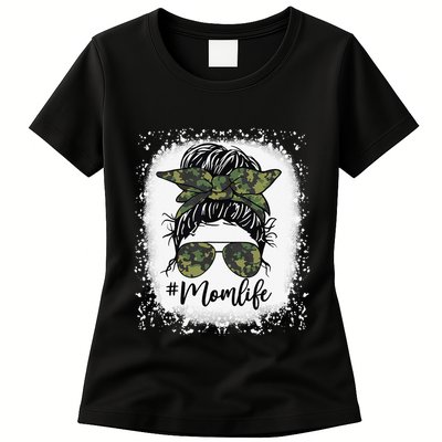 Messy Hair Bun Mom Life Camouflage Mother's Day Womens T-Shirt