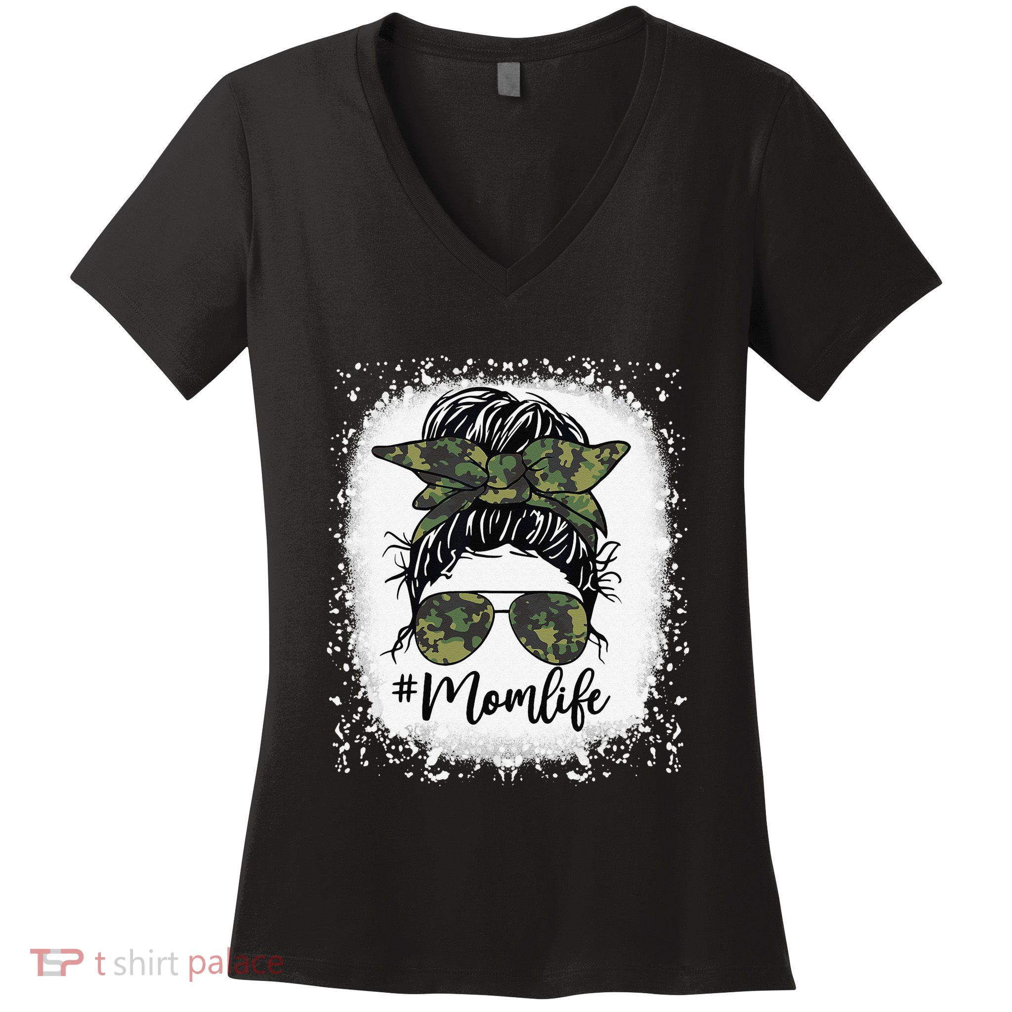 Messy Hair Bun Mom Life Camouflage Mother's Day Women's V-Neck T-Shirt