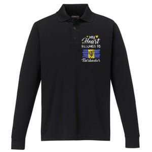 My Heart Belongs To Barbados Bajan Barbadian Flag Grunge Performance Long Sleeve Polo