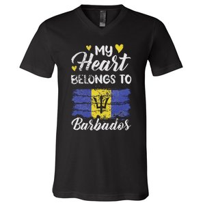 My Heart Belongs To Barbados Bajan Barbadian Flag Grunge V-Neck T-Shirt