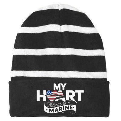 My Heart Belongs To A Marine Striped Beanie with Solid Band