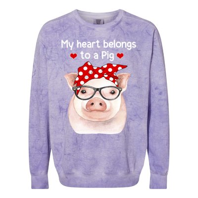 My Heart Belongs To A Pig Polka Dot Headwrap Nerd Glasses Cool Gift Colorblast Crewneck Sweatshirt