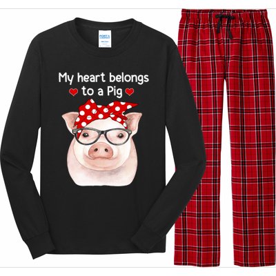 My Heart Belongs To A Pig Polka Dot Headwrap Nerd Glasses Cool Gift Long Sleeve Pajama Set