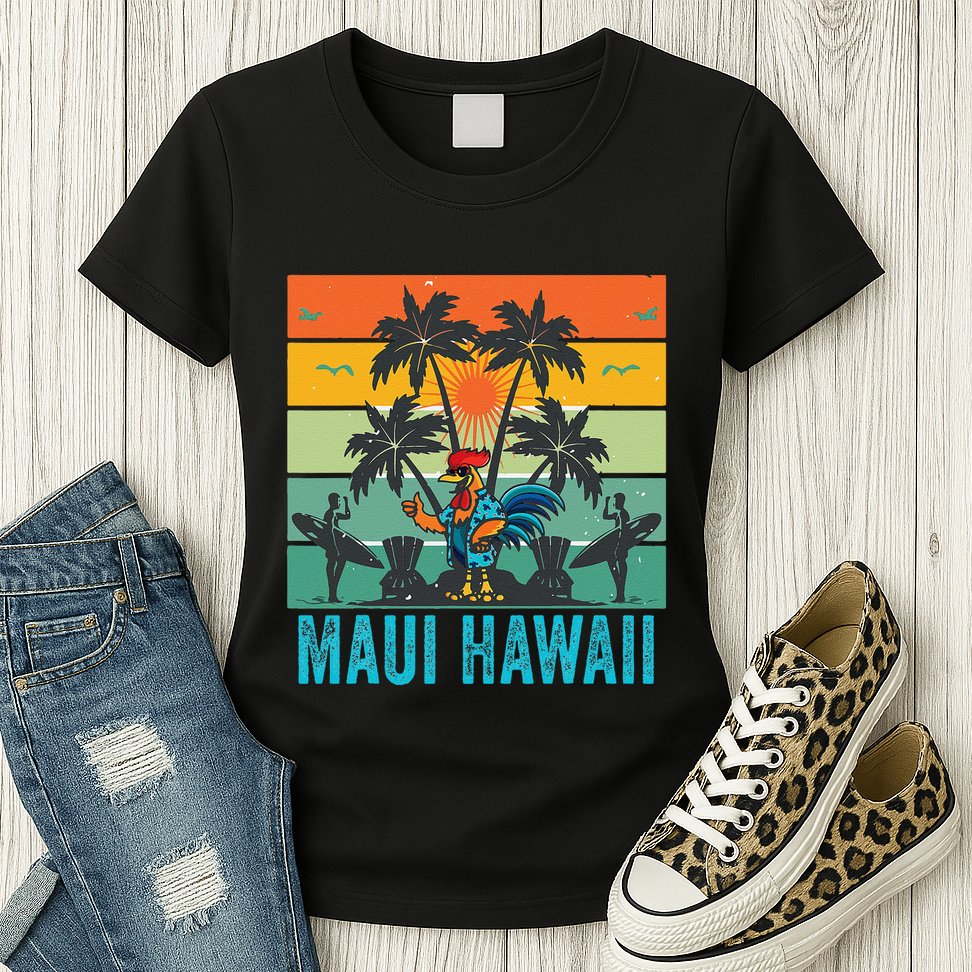 Maui Hawaii Beach Coconut Rooster Womens T-Shirt