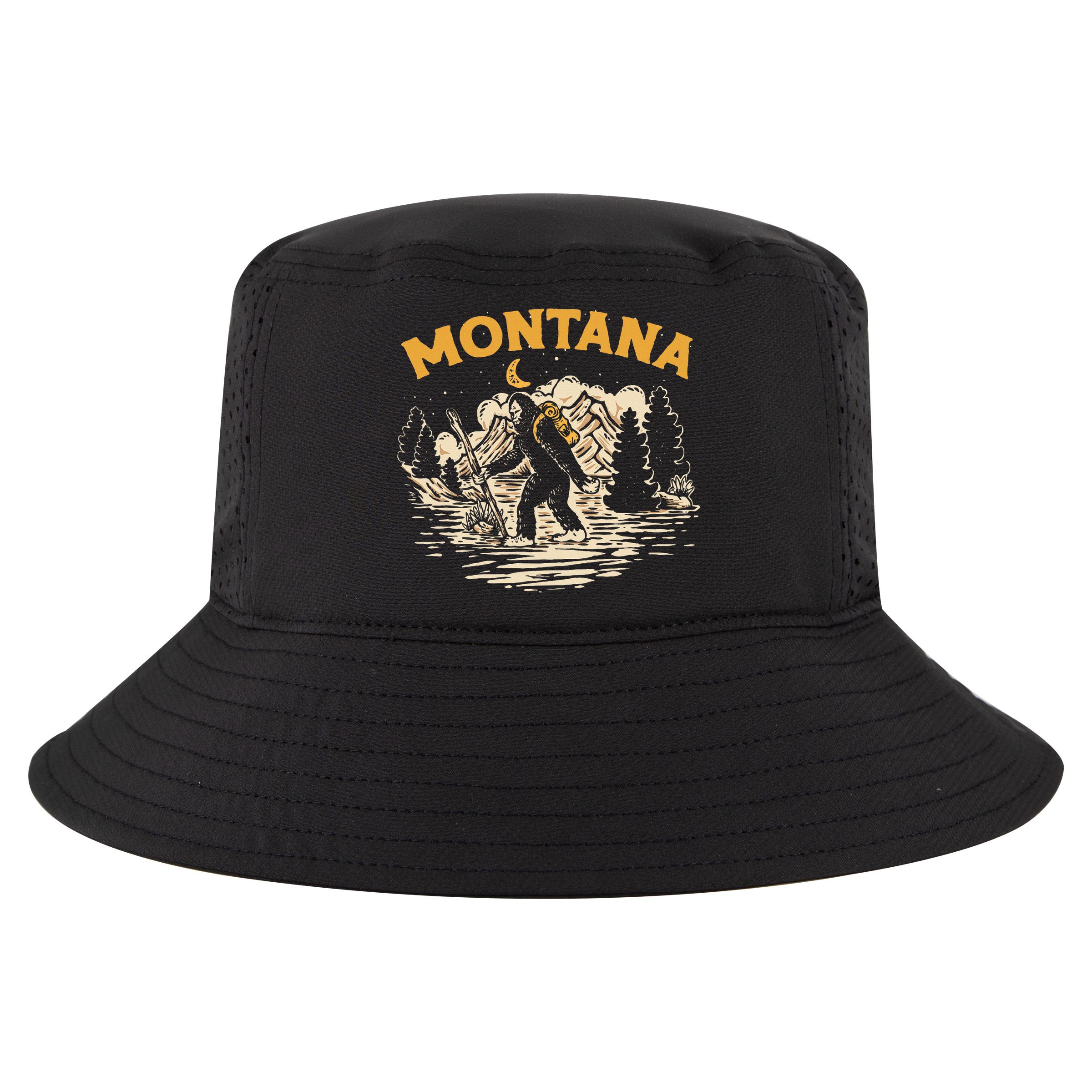 Montana Hiking Bigfoot Nighttime Stroll Mountains & Stars Cool Comfort Performance Bucket Hat