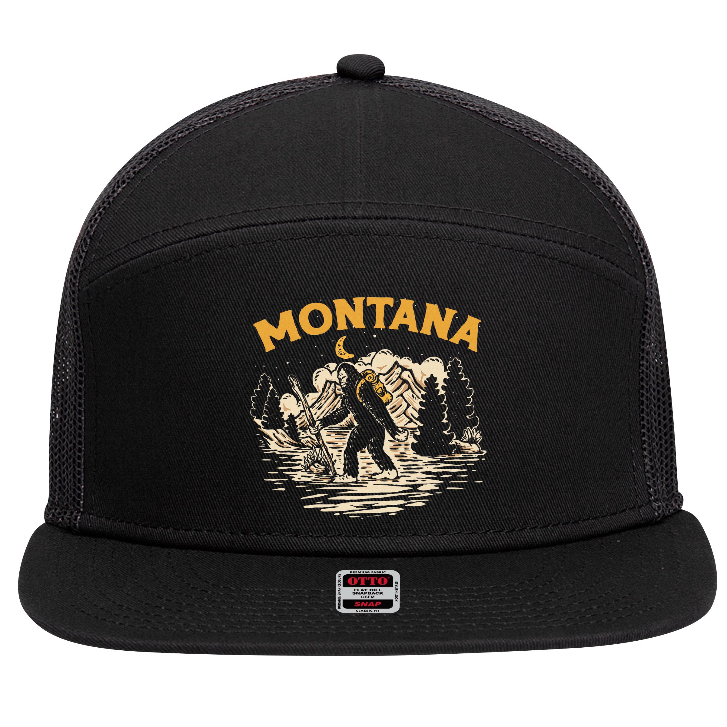 Montana Hiking Bigfoot Nighttime Stroll Mountains & Stars 7 Panel Mesh Trucker Snapback Hat