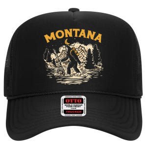 Montana Hiking Bigfoot Nighttime Stroll Mountains & Stars High Crown Mesh Back Trucker Hat