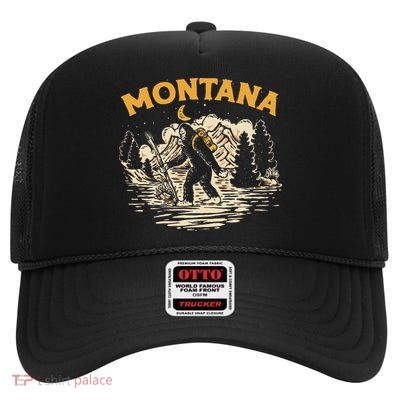 Montana Hiking Bigfoot Nighttime Stroll Mountains & Stars High Crown Mesh Back Trucker Hat