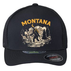 Montana Hiking Bigfoot Nighttime Stroll Mountains & Stars Flexfit Unipanel Trucker Cap