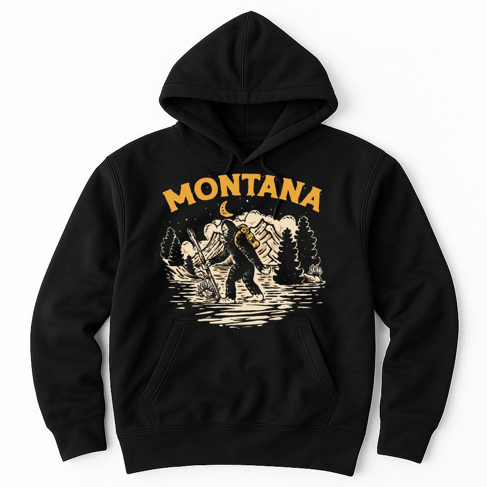 Montana Hiking Bigfoot Nighttime Stroll Mountains & Stars Hoodie