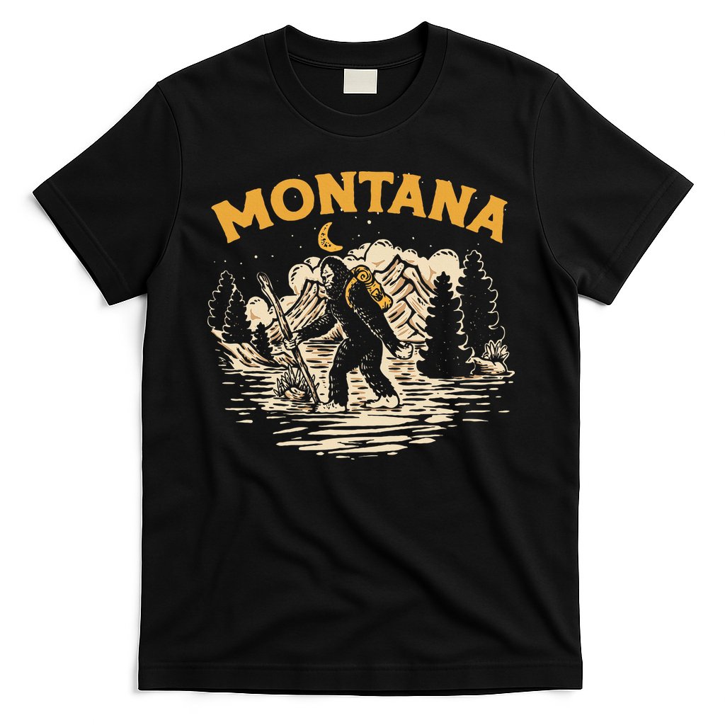 Montana Hiking Bigfoot Nighttime Stroll Mountains & Stars T-Shirt