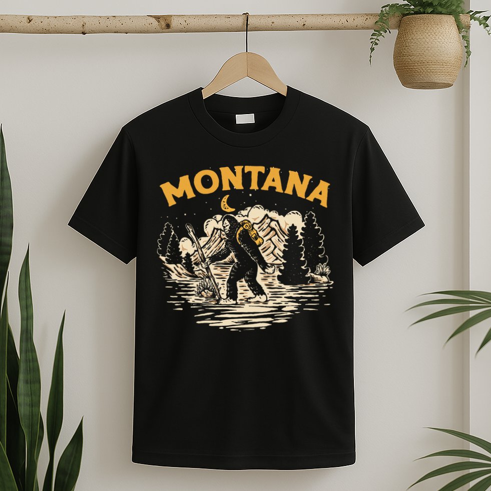 Montana Hiking Bigfoot Nighttime Stroll Mountains & Stars T-Shirt
