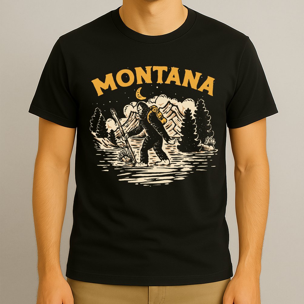 Montana Hiking Bigfoot Nighttime Stroll Mountains & Stars T-Shirt