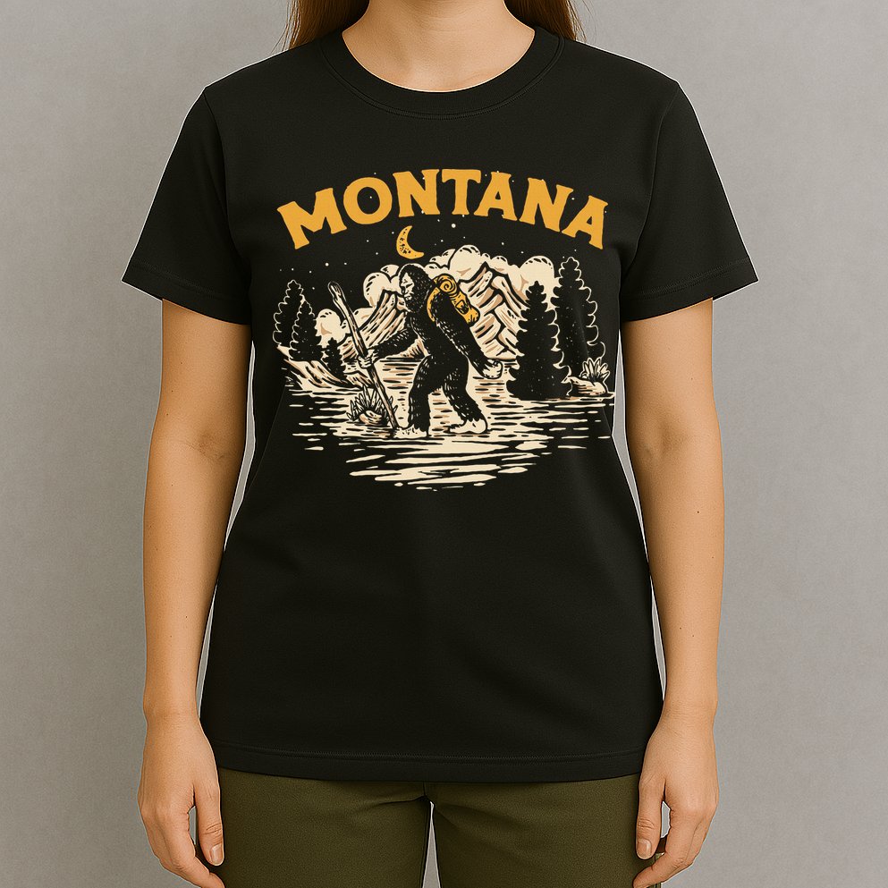Montana Hiking Bigfoot Nighttime Stroll Mountains & Stars T-Shirt