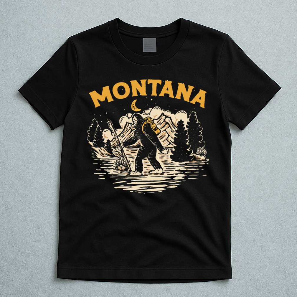 Montana Hiking Bigfoot Nighttime Stroll Mountains & Stars T-Shirt