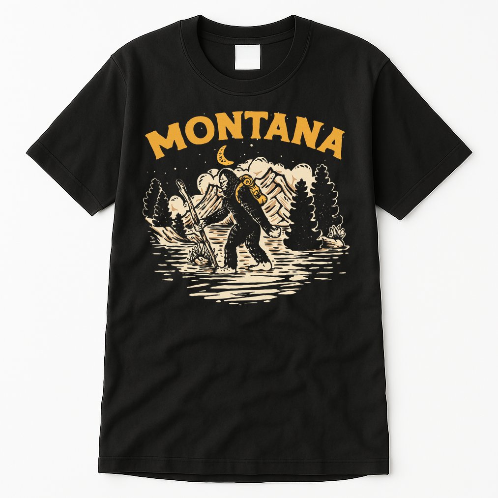 Montana Hiking Bigfoot Nighttime Stroll Mountains & Stars Tall T-Shirt