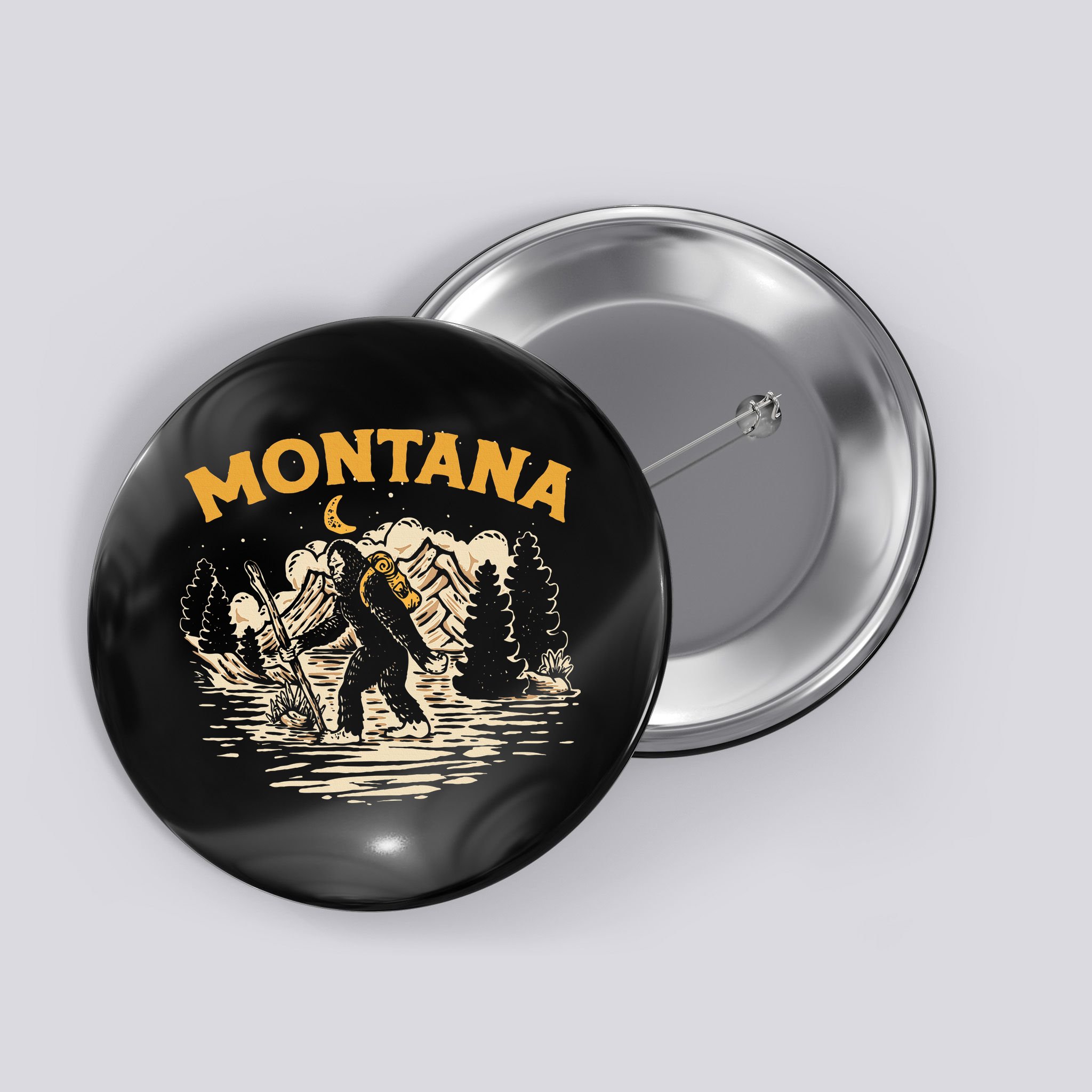 Montana Hiking Bigfoot Nighttime Stroll Mountains & Stars Button