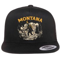 Montana Hiking Bigfoot Nighttime Stroll Mountains & Stars Flat Bill Trucker Hat