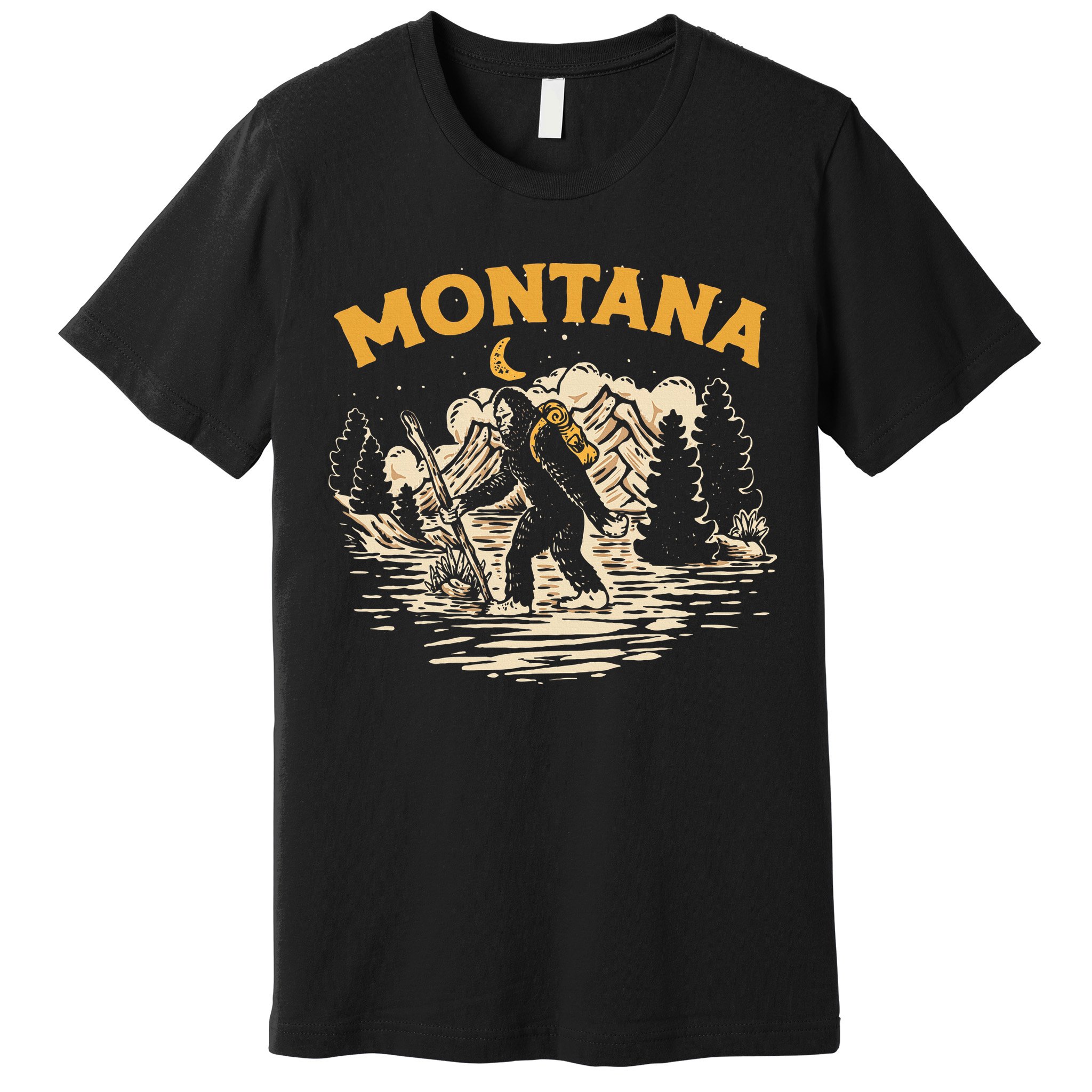 Montana Hiking Bigfoot Nighttime Stroll Mountains & Stars Premium T-Shirt