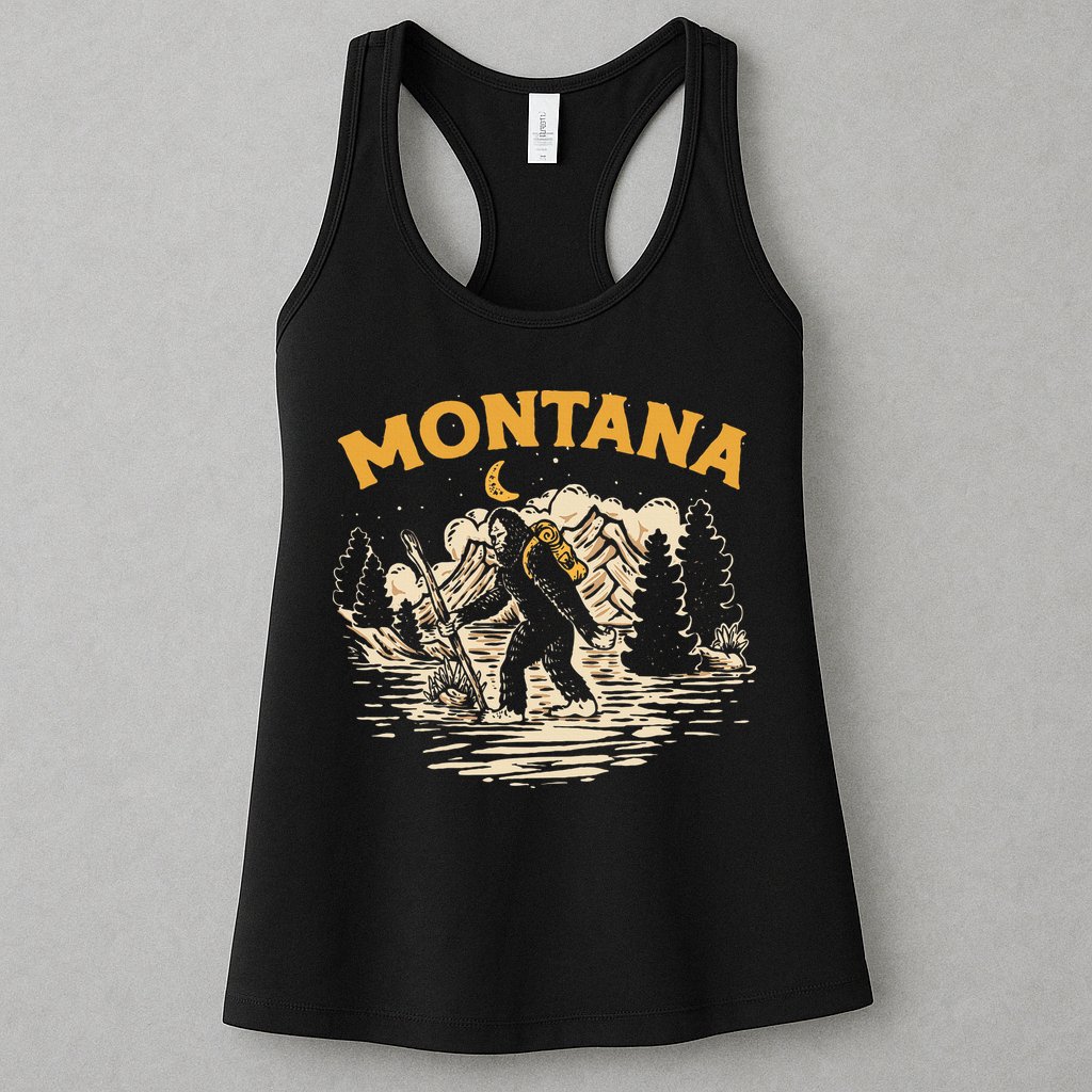 Montana Hiking Bigfoot Nighttime Stroll Mountains & Stars Womens Tank Top