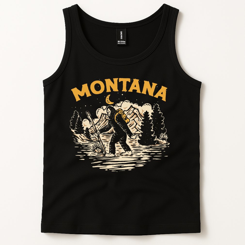 Montana Hiking Bigfoot Nighttime Stroll Mountains & Stars Tank Top