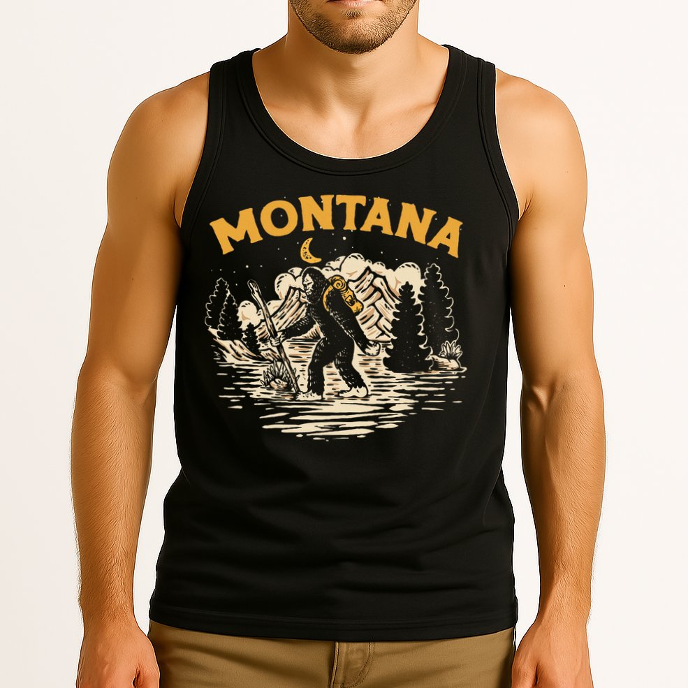 Montana Hiking Bigfoot Nighttime Stroll Mountains & Stars Tank Top