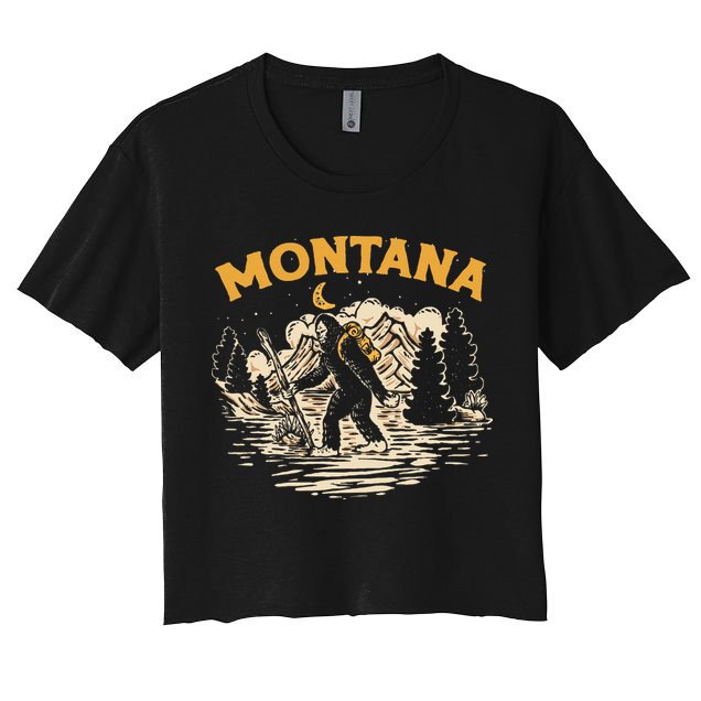 Montana Hiking Bigfoot Nighttime Stroll Mountains & Stars Women's Crop Top Tee