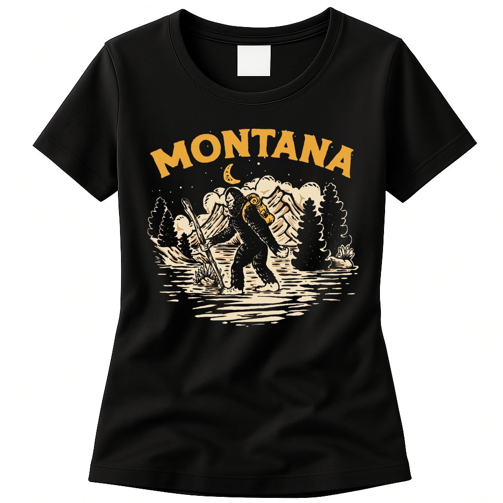 Montana Hiking Bigfoot Nighttime Stroll Mountains & Stars Womens T-Shirt