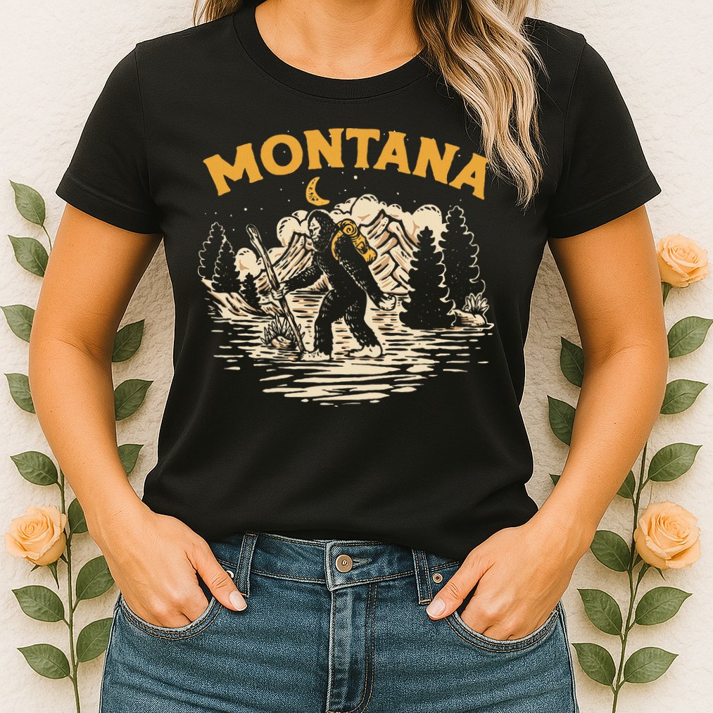 Montana Hiking Bigfoot Nighttime Stroll Mountains & Stars Womens T-Shirt