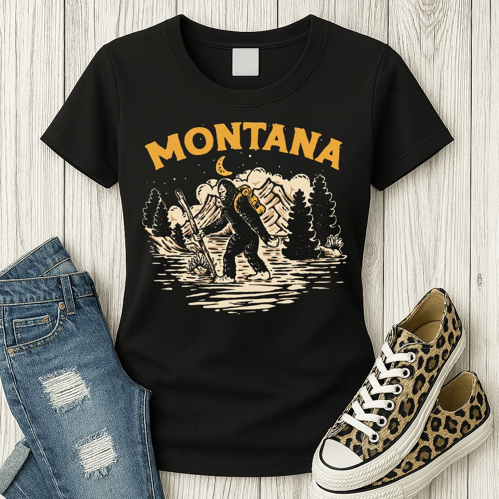 Montana Hiking Bigfoot Nighttime Stroll Mountains & Stars Womens T-Shirt