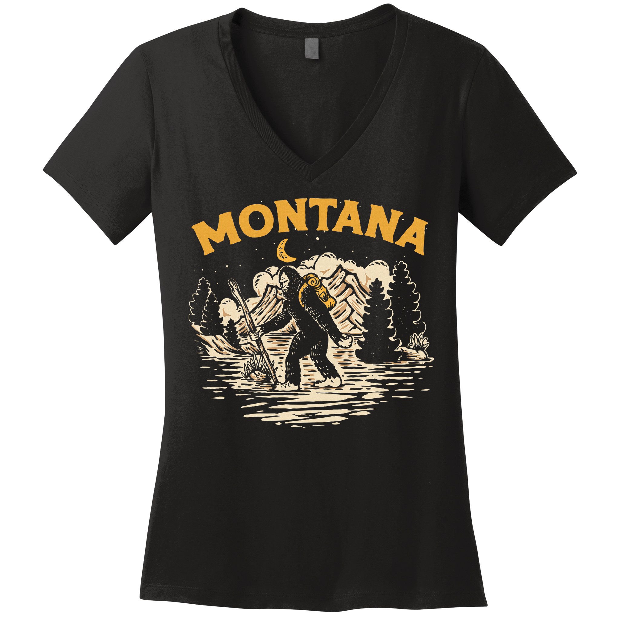 Montana Hiking Bigfoot Nighttime Stroll Mountains & Stars Women's V-Neck T-Shirt