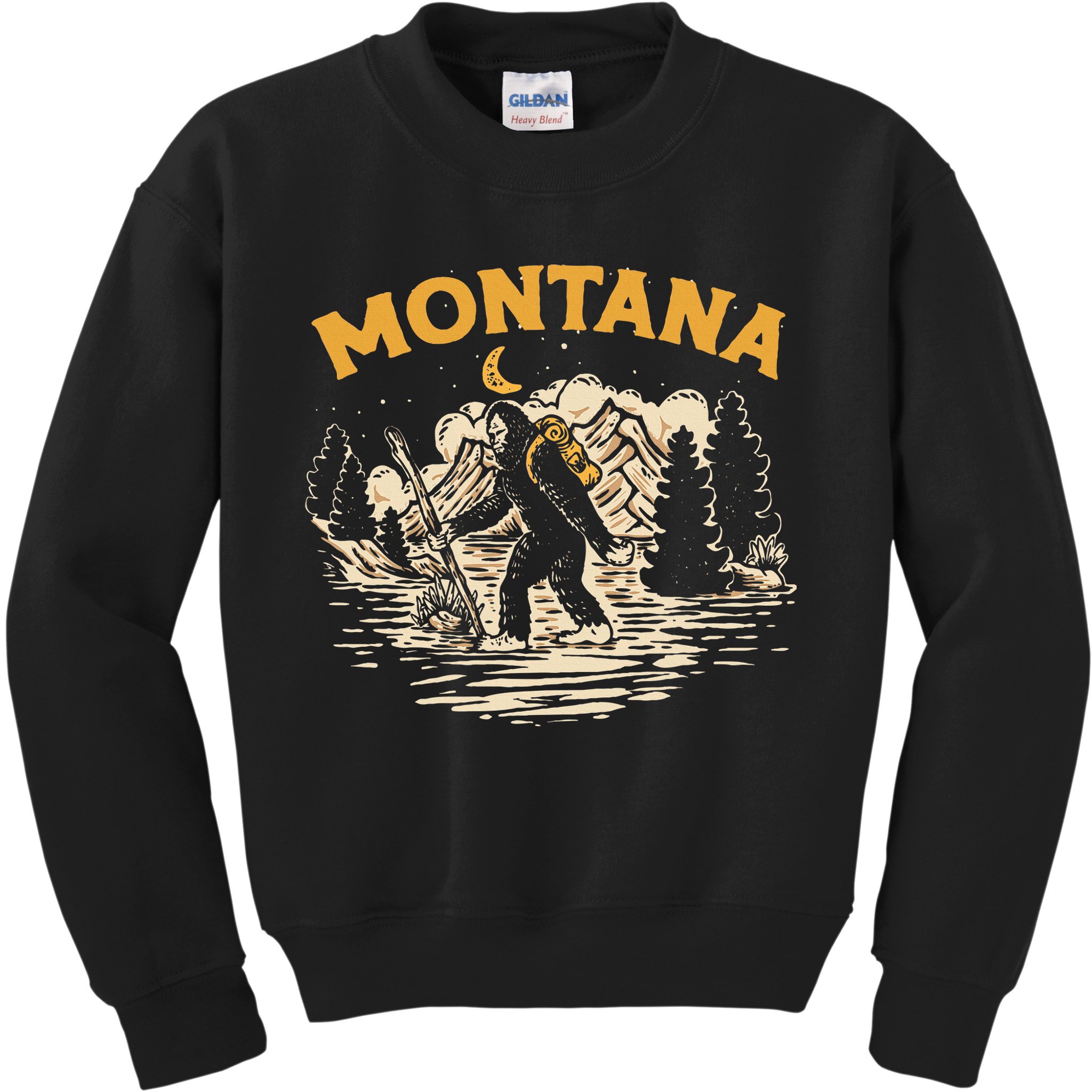 Montana Hiking Bigfoot Nighttime Stroll Mountains & Stars Kids Sweatshirt