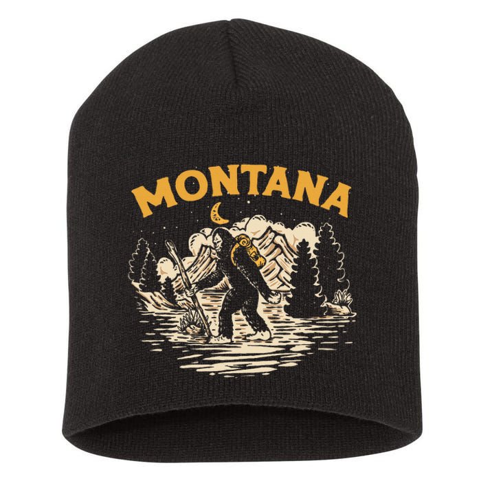 Montana Hiking Bigfoot Nighttime Stroll Mountains & Stars Short Acrylic Beanie