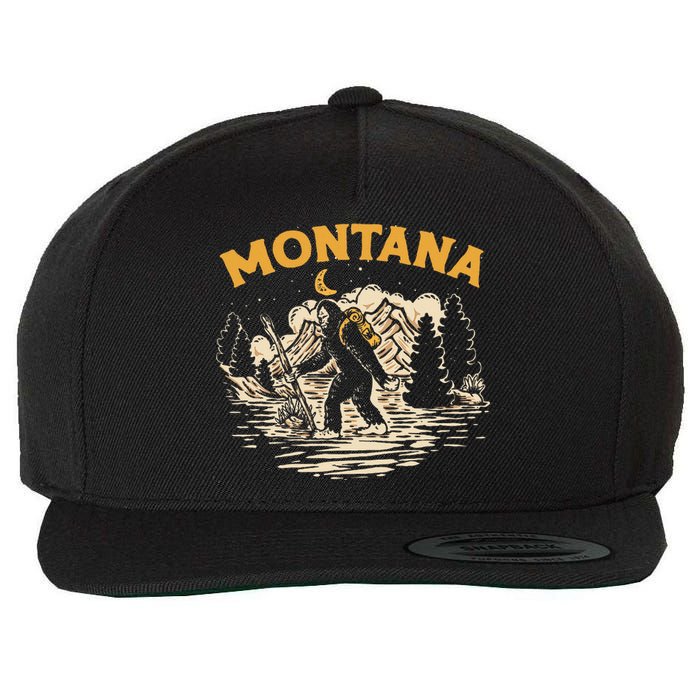 Montana Hiking Bigfoot Nighttime Stroll Mountains & Stars Wool Snapback Cap