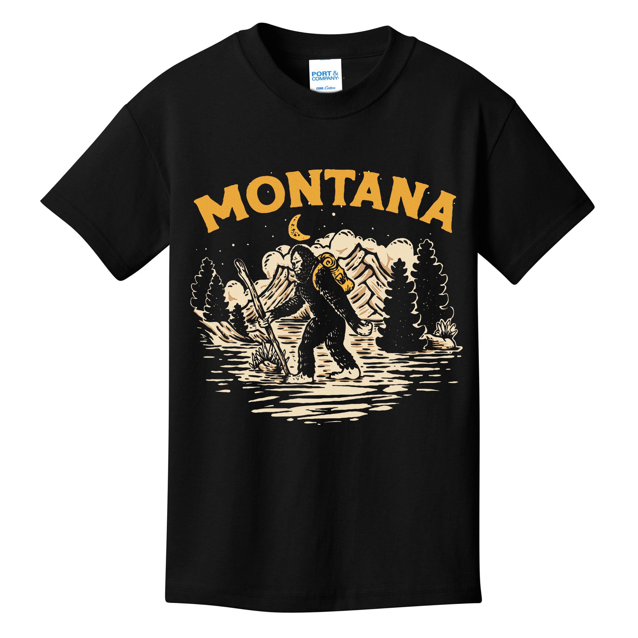 Montana Hiking Bigfoot Nighttime Stroll Mountains & Stars Kids T-Shirt