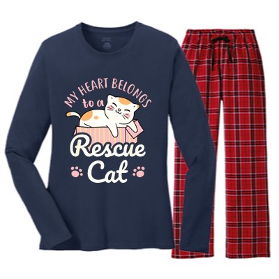 My Heart Belongs To A Rescue Cat Animal Rescuer Adopt Pets Women's Long Sleeve Flannel Pajama Set 